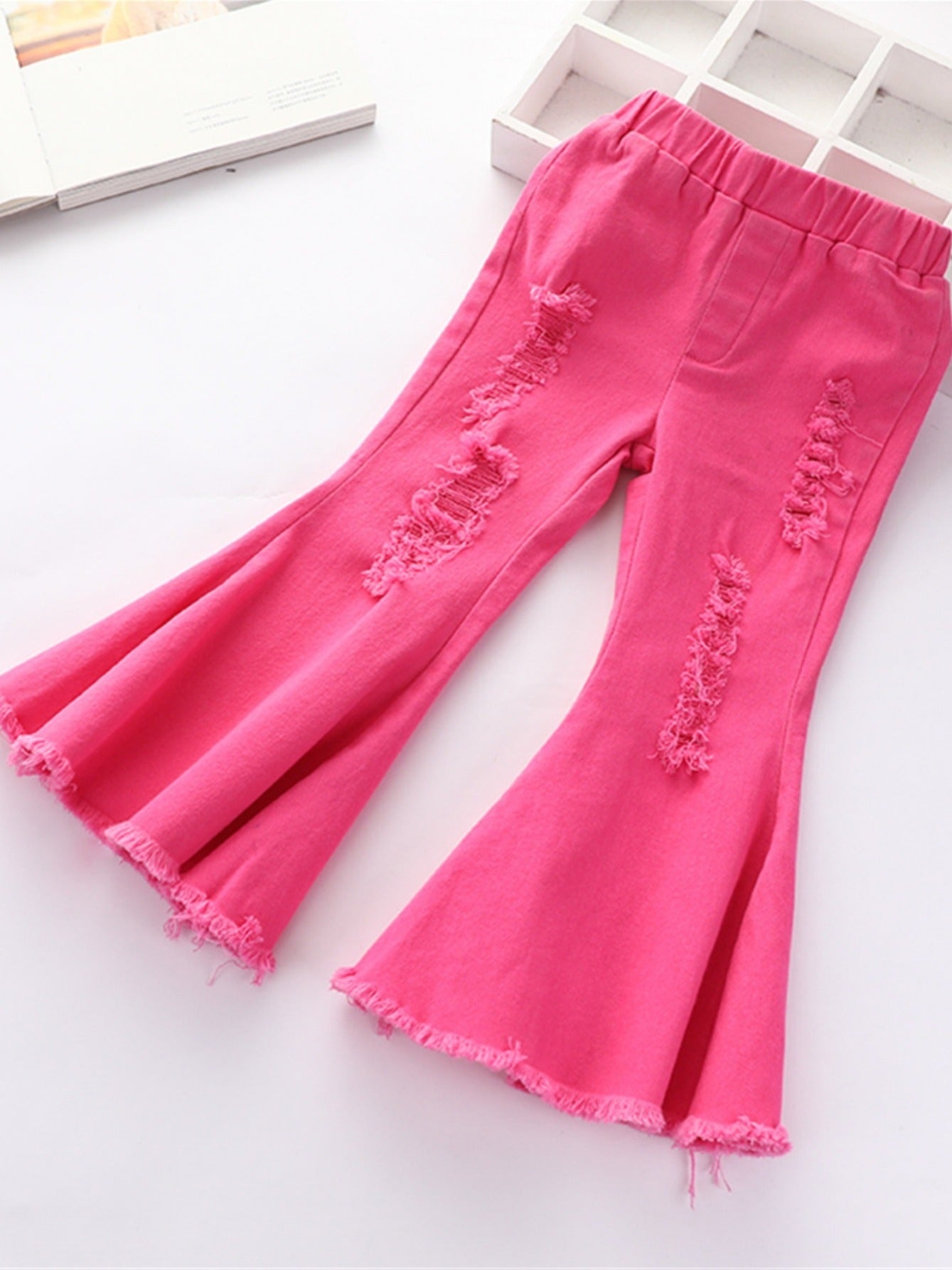 Baby Girls Rose Red Ripped Flare Pants Stretch Jeans