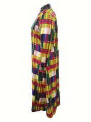 Plaid Print Long Sleeve Maxi Shirt Dress