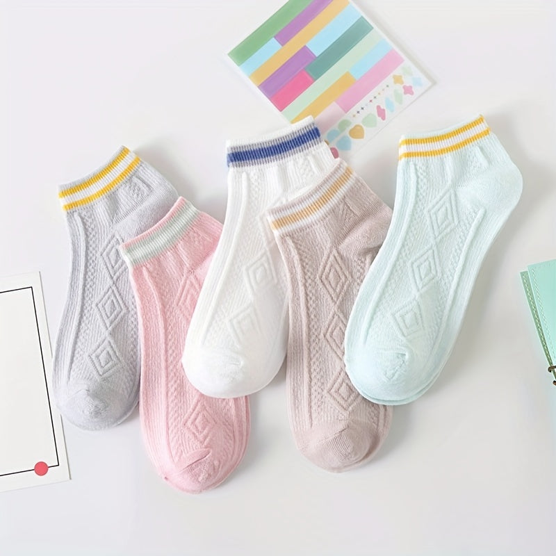 5 Pairs Colorblock Short Socks Soft & Light Ankle Argyle Stockings