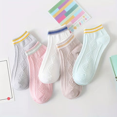 5 Pairs Colorblock Short Socks Soft & Light Ankle Argyle Stockings