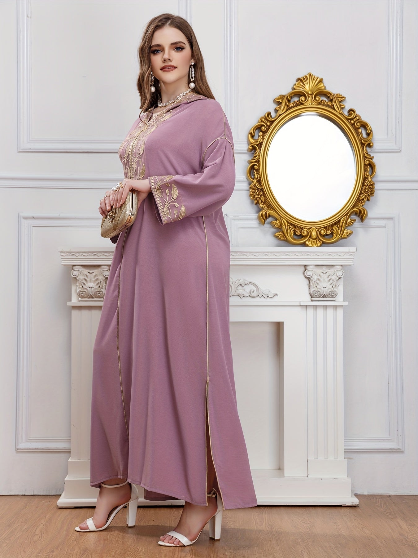 Abaya Dress Women's Plus Leaf Print Long Sleeve Maxi Jalabiya