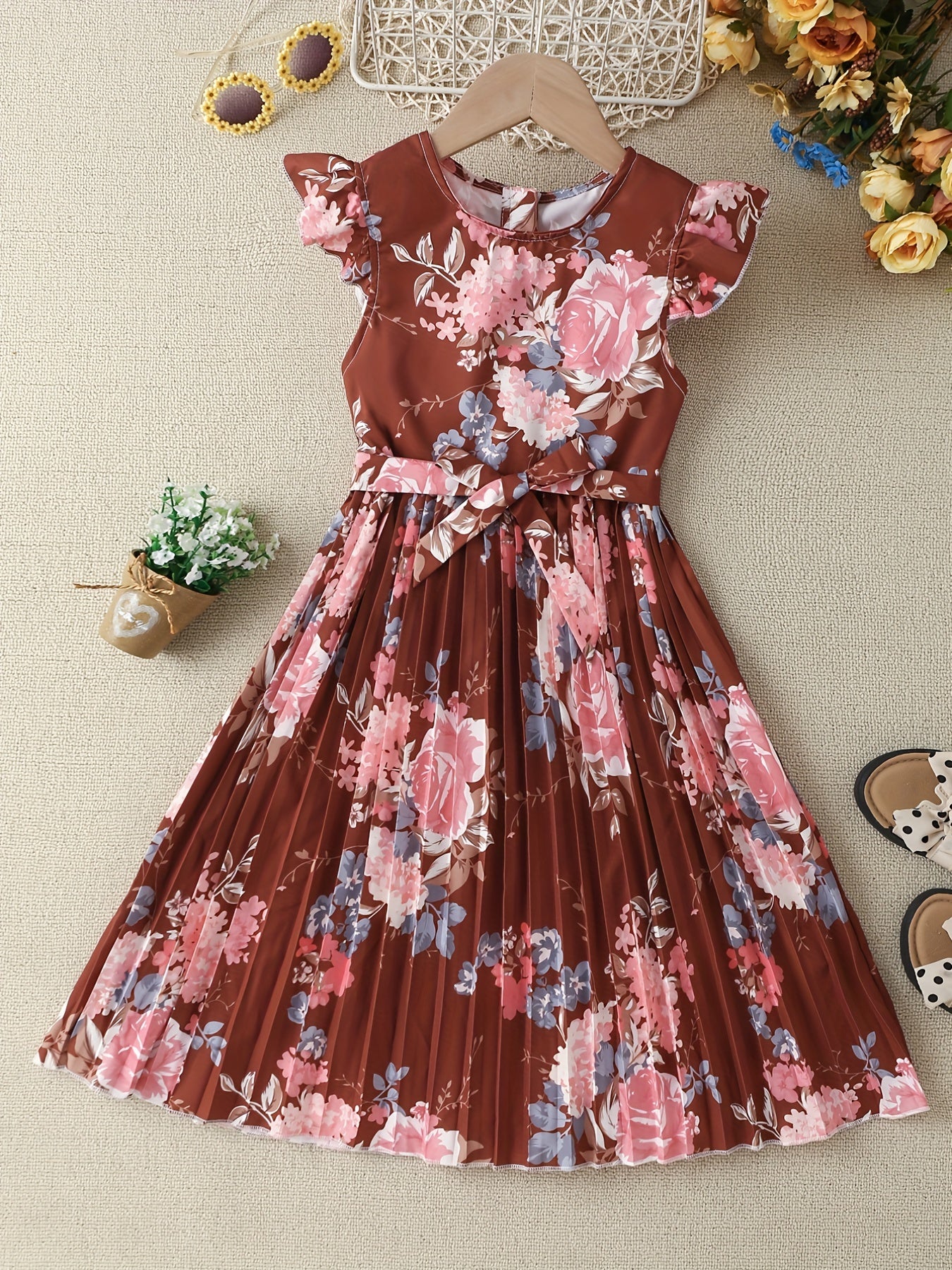 Girls' Boho Floral Pleated Casual Dress Fly Sleeve