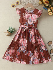Girls' Boho Floral Pleated Casual Dress Fly Sleeve