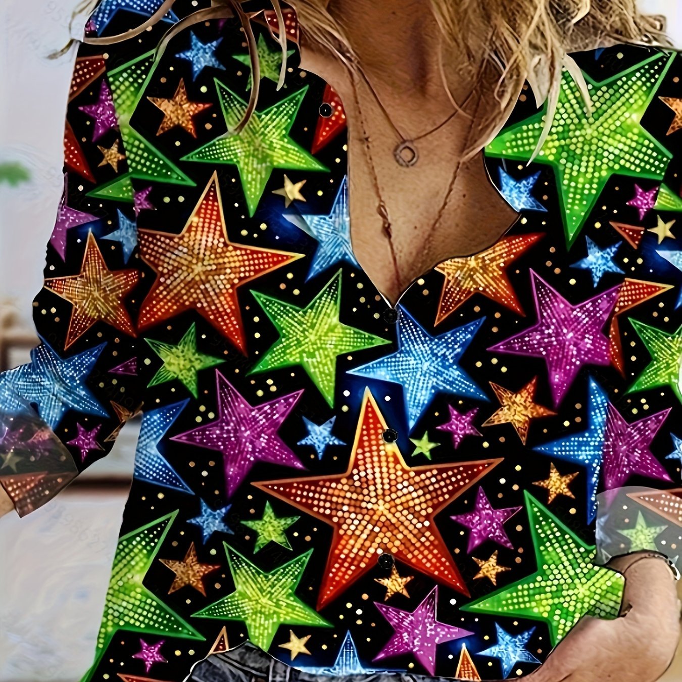 Casual Blouse Women's Plus Star Print Long Sleeve Button Up Shirt