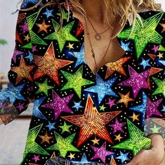 Casual Blouse Women's Plus Star Print Long Sleeve Button Up Shirt