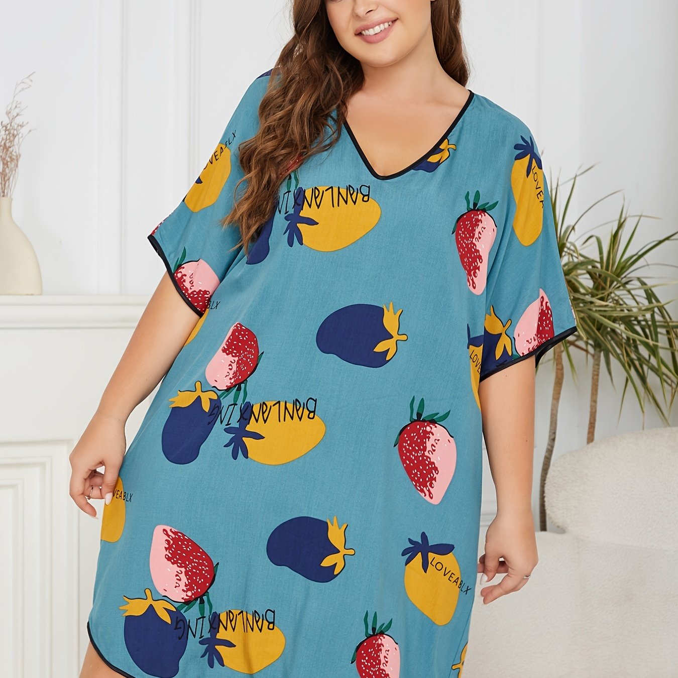Fruit Print V Neck Sleep Dress Short Sleeve
