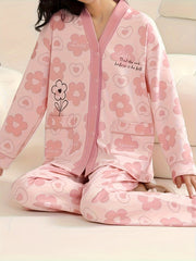 Floral Print Pajama Set Long Sleeve V Neck