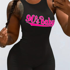 90s Baby Print Romper Sexy Crew Neck Sleeveless Workout Romper