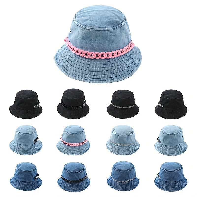 Y2K Denim Bucket Hat Washed Packable Basin Hat Chain Decor Casual Sunscreen
