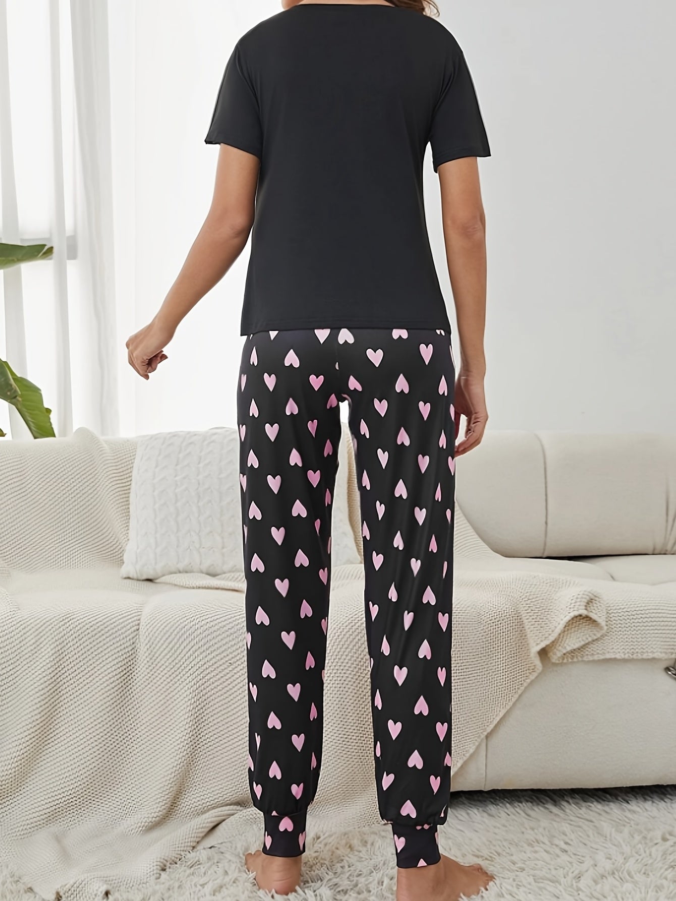 Heart Print Pajama Set Short Sleeve Crew Neck Top & Elastic Waistband Pants