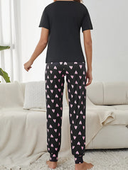 Heart Print Pajama Set Short Sleeve Crew Neck Top & Elastic Waistband Pants