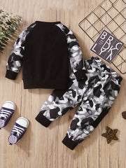 Boys Camo Print Sweatshirt & Sweatpants Set, Spring Autumn Outfit