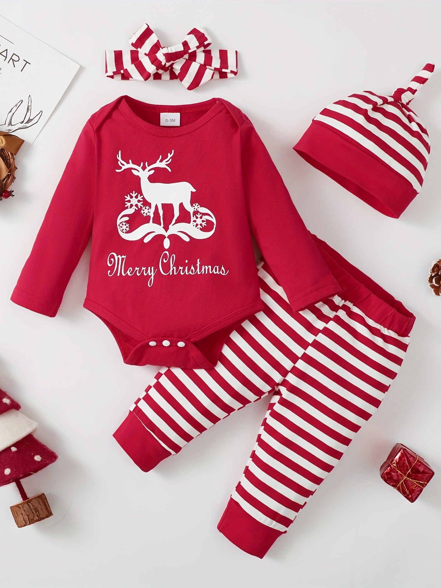 Newborn Infant Xmas Romper Striped Pants Set