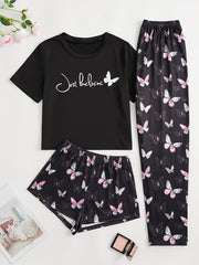 Butterfly Print Pajamas Set Short Sleeve Top & Shorts & Lounge Pants