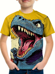 Comics Dinosaur Print Boy's T shirt Kids Casual Short Sleeve Summer Top