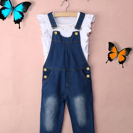 Toddler Girls Ruffle Trim Top & Denim Overalls Set