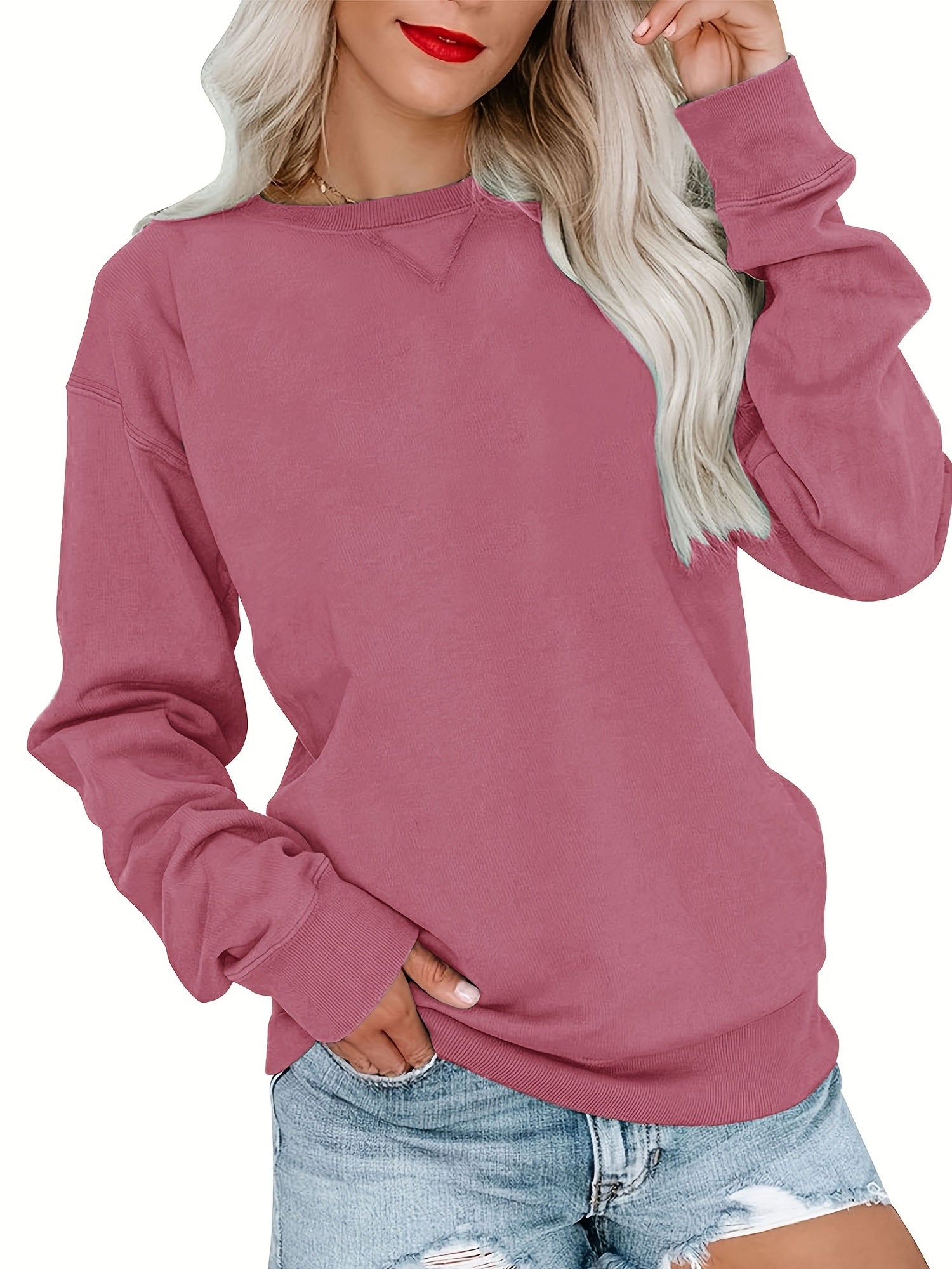 Solid Crew Neck Long Sleeve Sweatshirt for Women