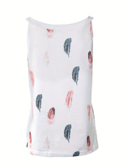 Feather Print Tank Top V Neck Sleeveless Summer Top