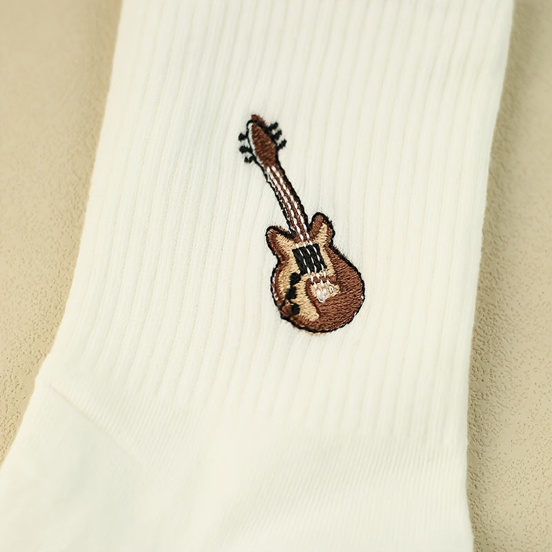 Cartoon Guitar Print Socks, Women's Mid Tube Stockings
