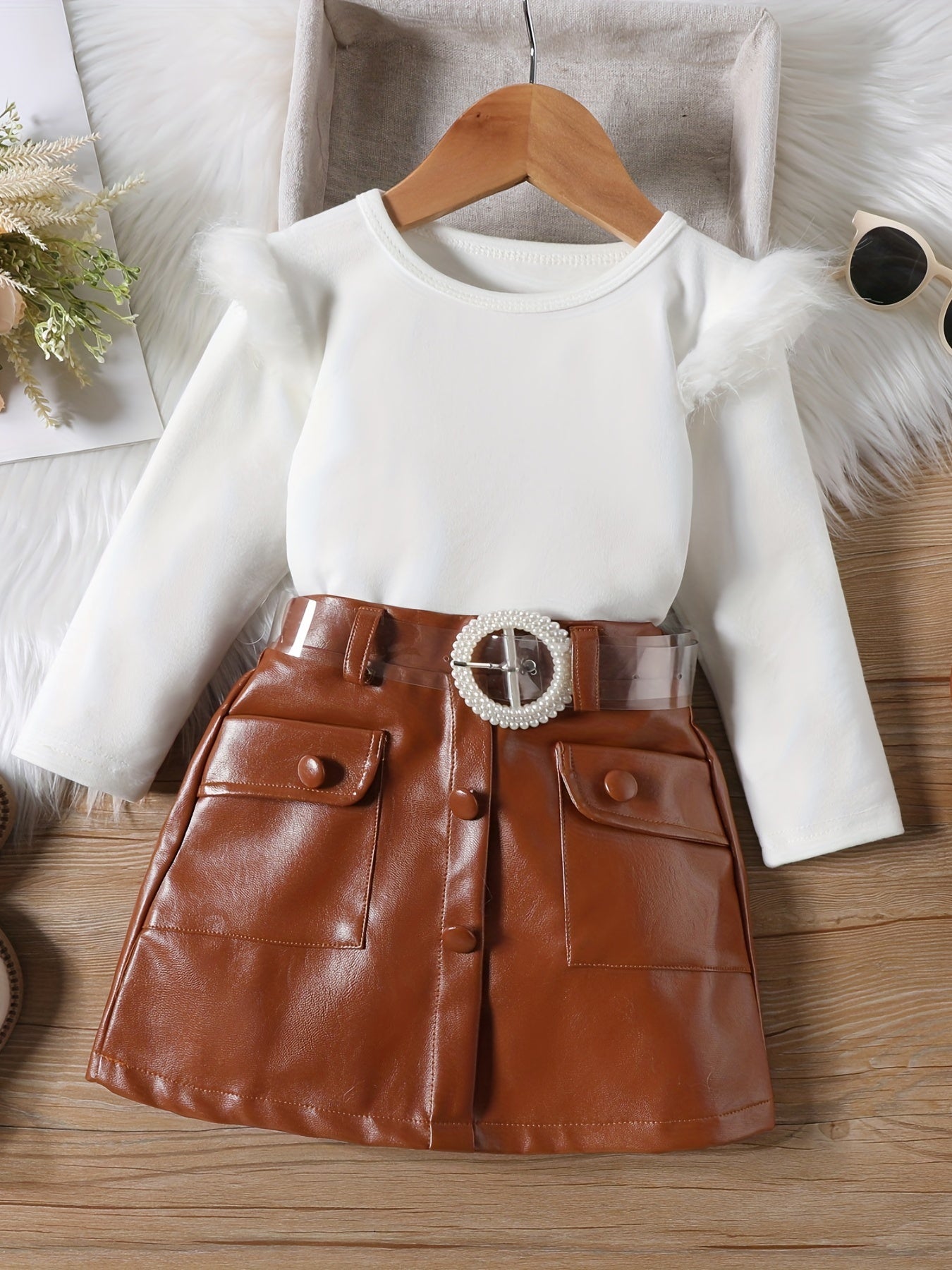 Girl's 2pcs Top & Belted PU Skirt Set Faux Fur Decor Outfit Kids Clothes