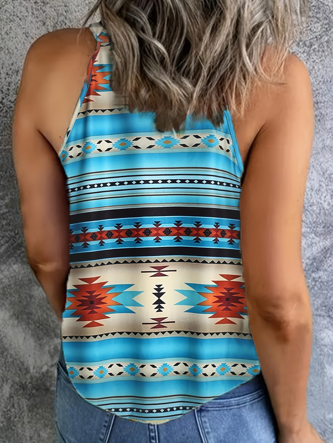 Geometric Print Halter Neck Top Sleeveless Summer Casual