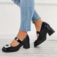 Women's Block Heeled Mary Jane Square Rhinestone Decor Pumps