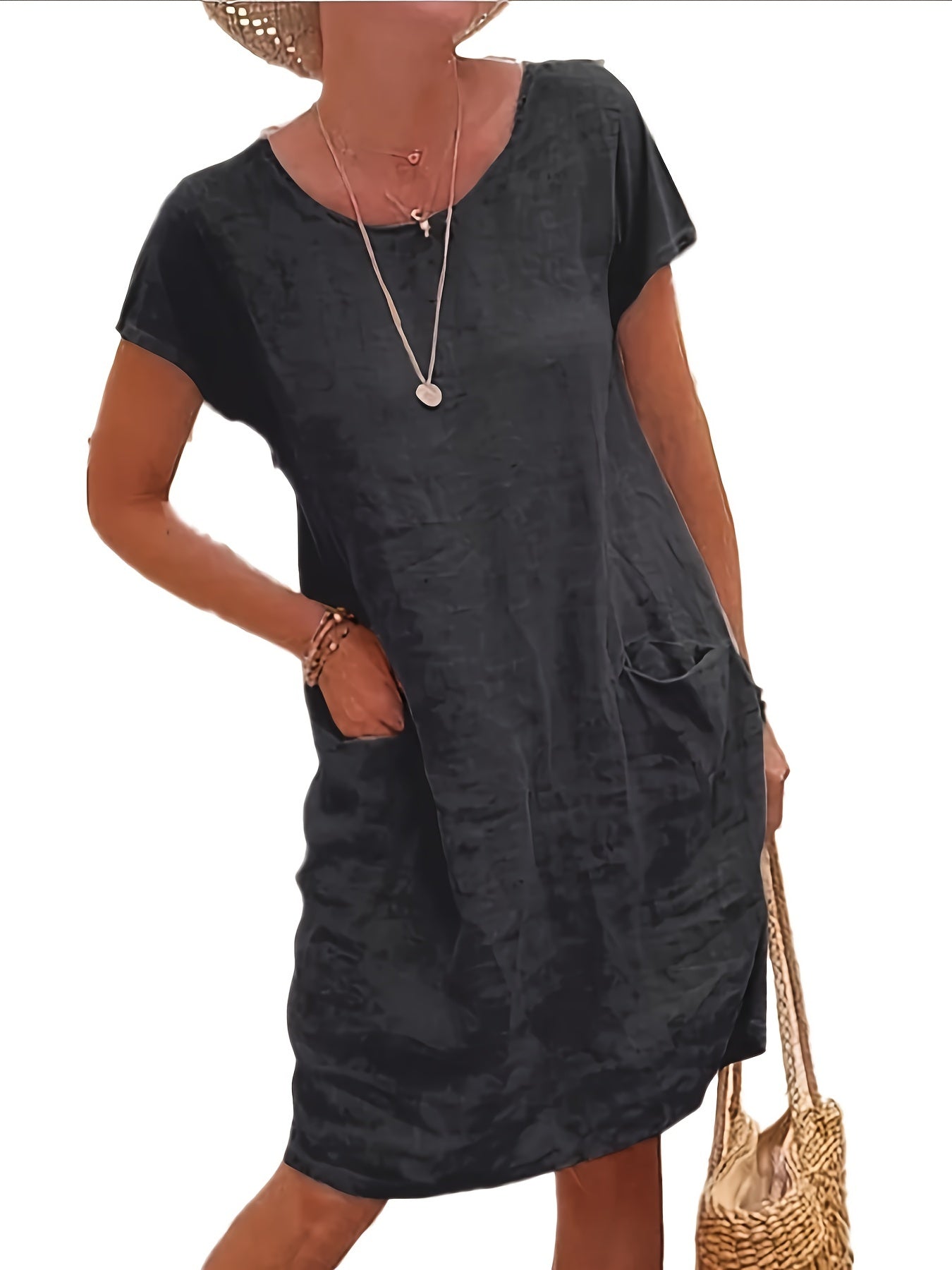 Round Neck Pocket Dress Casual Solid Short Sleeve Knee Length Dresses Women