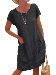 Round Neck Pocket Dress Casual Solid Short Sleeve Knee Length Dresses Women