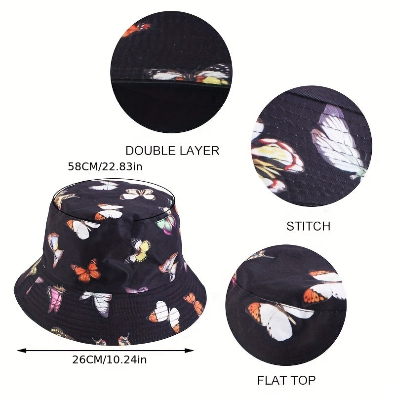 Butterfly Print Reversible Bucket Hat Hip Hop Flag Pattern Basin Hat