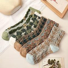 5 Pairs 3D Floral Textured Retro Style Mid Tube Socks Women's St