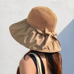 Wide Brim Bowknot Sun Hat Hollow Breathable UV Protection Bucket Hat