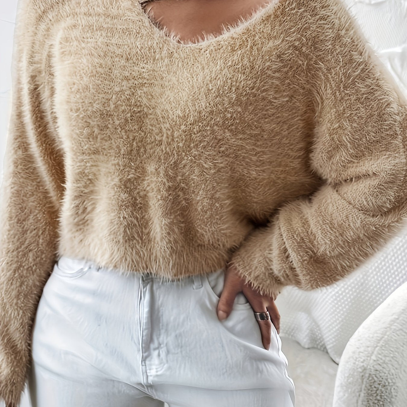 Casual Sweater Women's Plus Solid Eyelash Cut Out V Neck Jumper