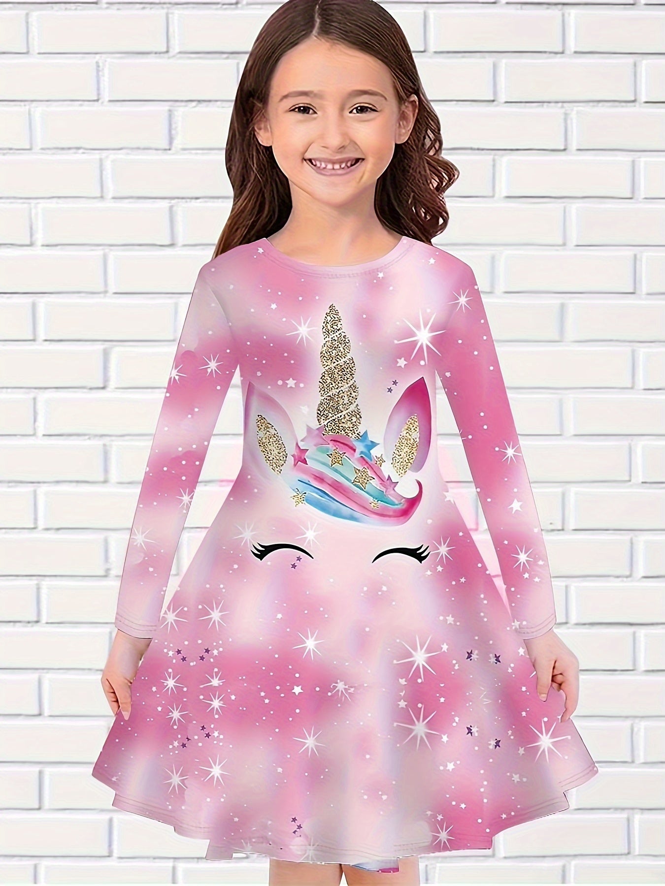 Sweet Girls Kitten Long Sleeve Dress for Spring Fall Party