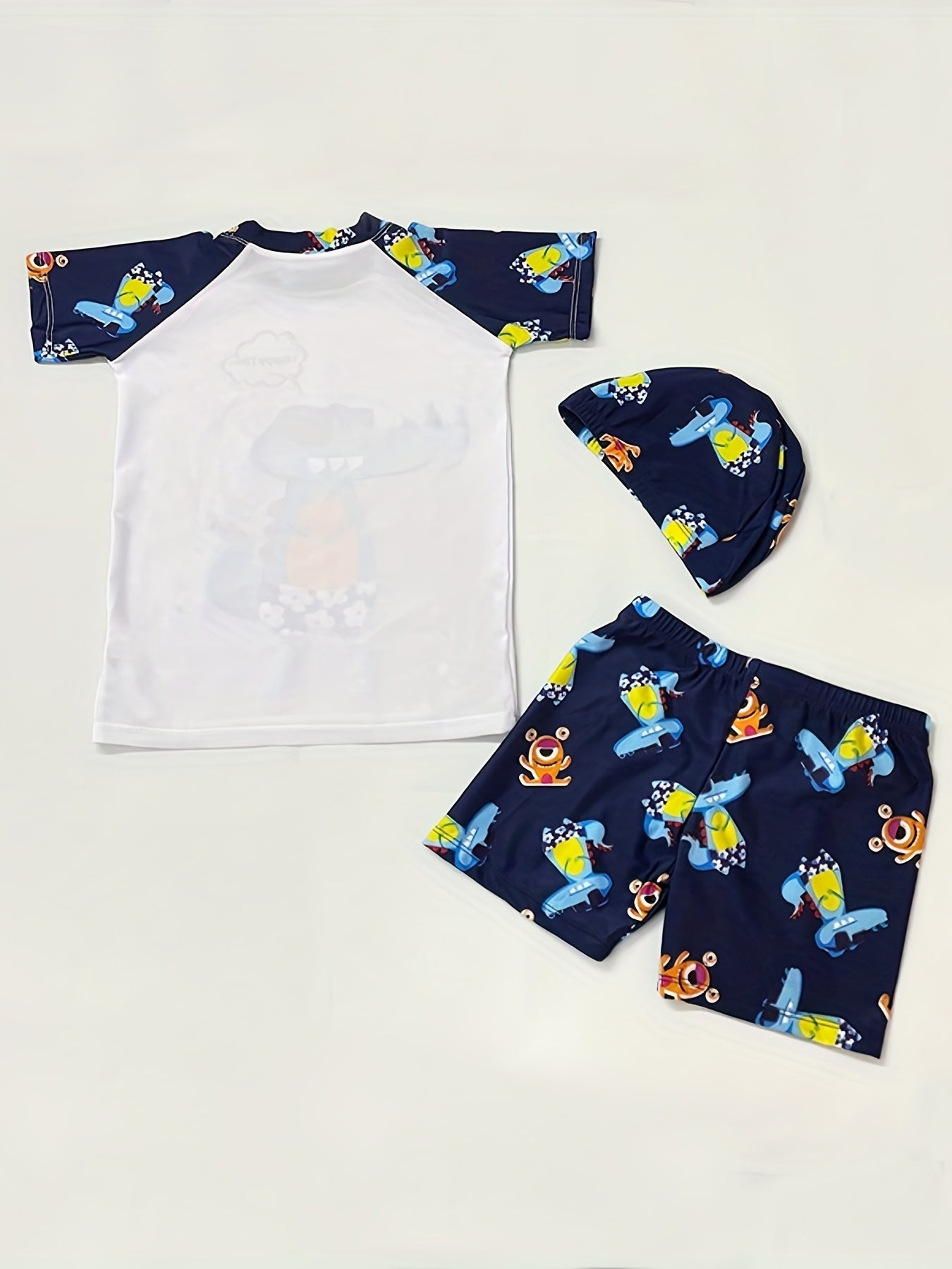Boys Cartoon Shark & Dinosaur Swim Suit Set with Trunks, Tops & Cap