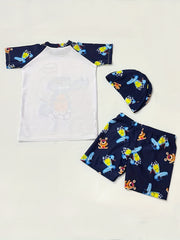 Boys Cartoon Shark & Dinosaur Swim Suit Set with Trunks, Tops & Cap