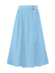 Women's Plus Solid Metal Decor Elastic Belted A line Skirt