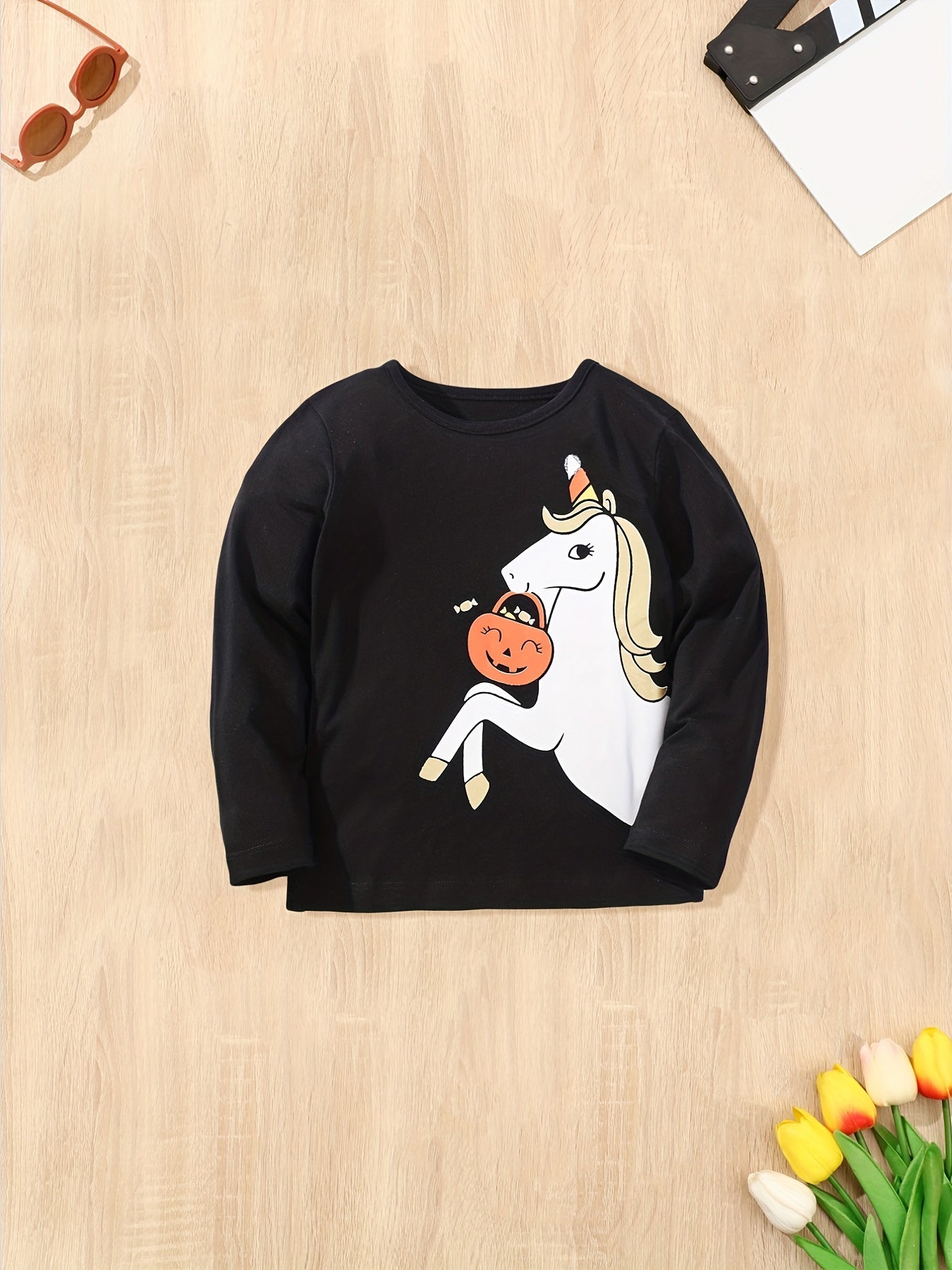 Cotton Unicorn & Pumpkin Print T-shirt for Fall Halloween