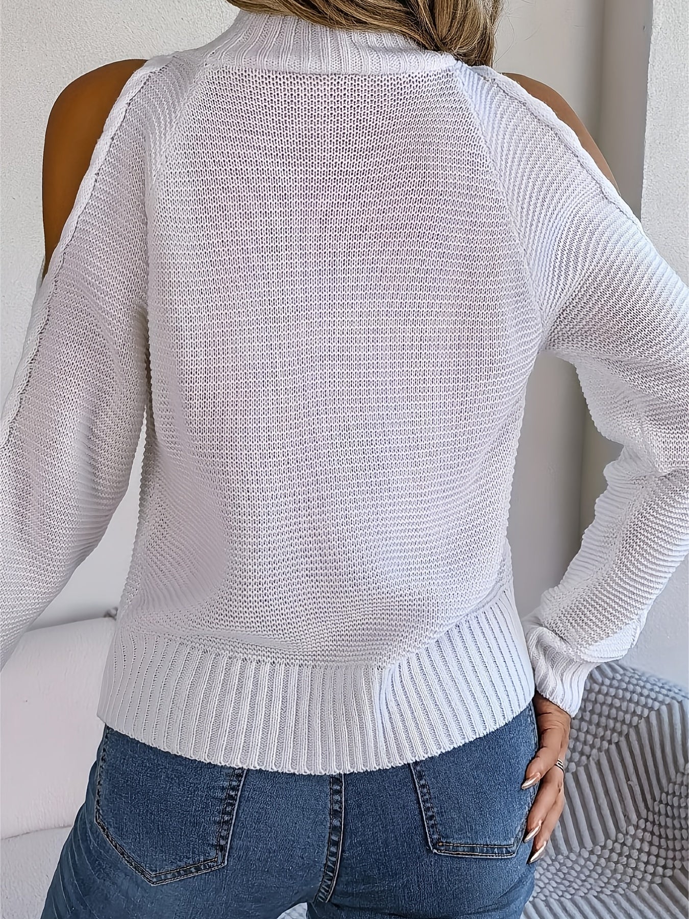 Solid Cold Shoulder Cut Out Sweater Long Sleeve Mock Neck Sweater