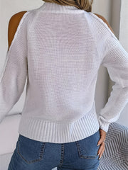 Solid Cold Shoulder Cut Out Sweater Long Sleeve Mock Neck Sweater