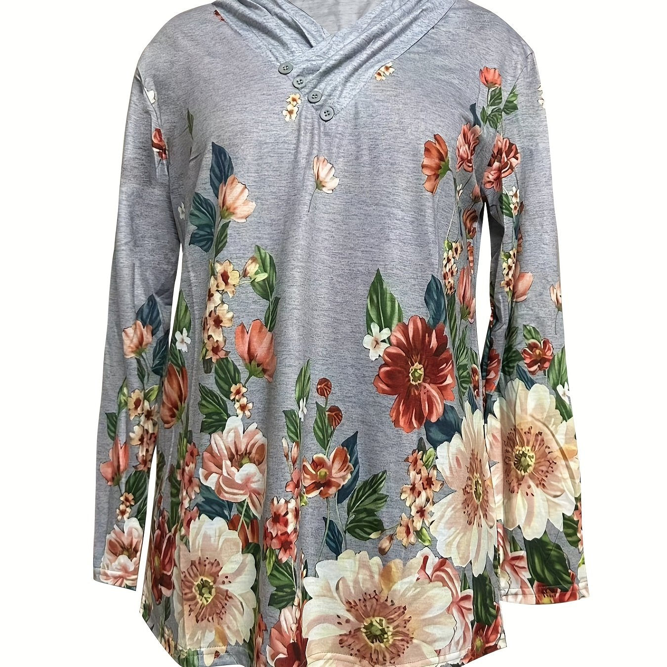 Floral Print Button Front Sweatshirt V Neck Long Sleeve