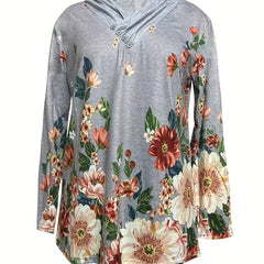 Floral Print Button Front Sweatshirt V Neck Long Sleeve