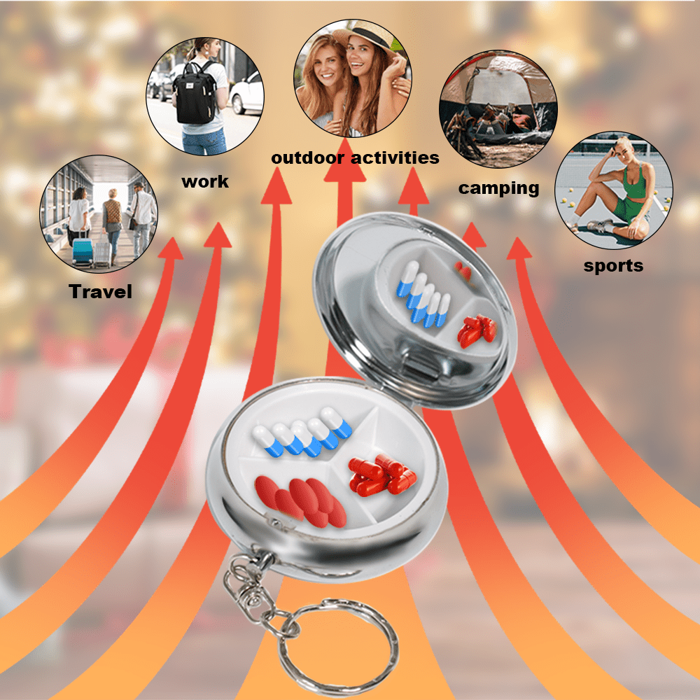 Portable Pill Organizer Keychain 3 Compartment Metal Medicine Case