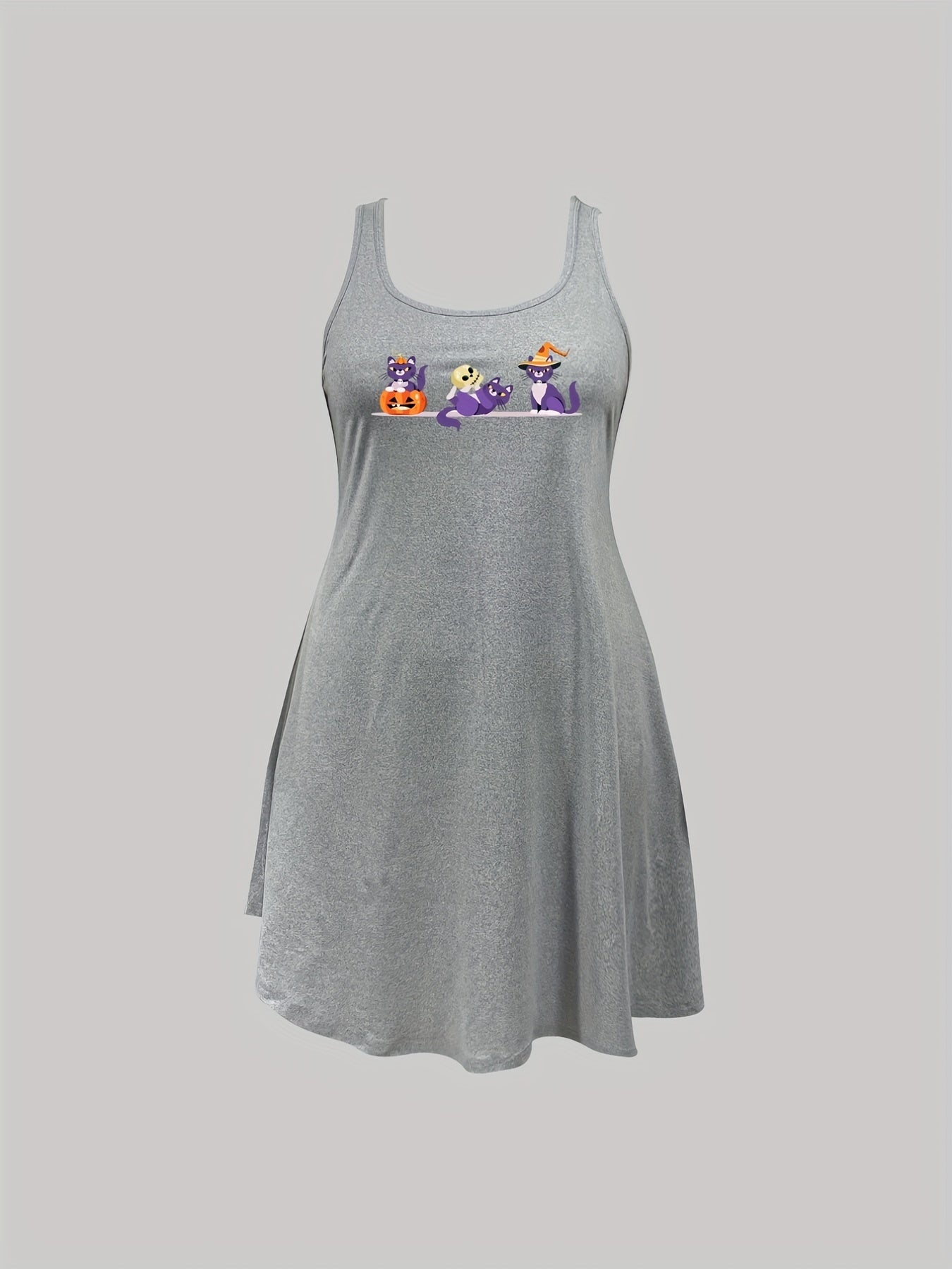 Cat & Pumpkin Print Round Neck Sleep Dress