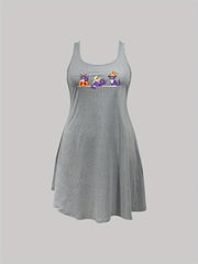 Cat & Pumpkin Print Round Neck Sleep Dress
