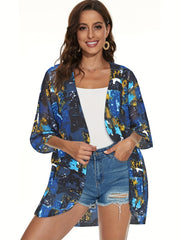 Multicolored Cover Up Shirt V Neck Half Sleeves Non Stretch Beachwear