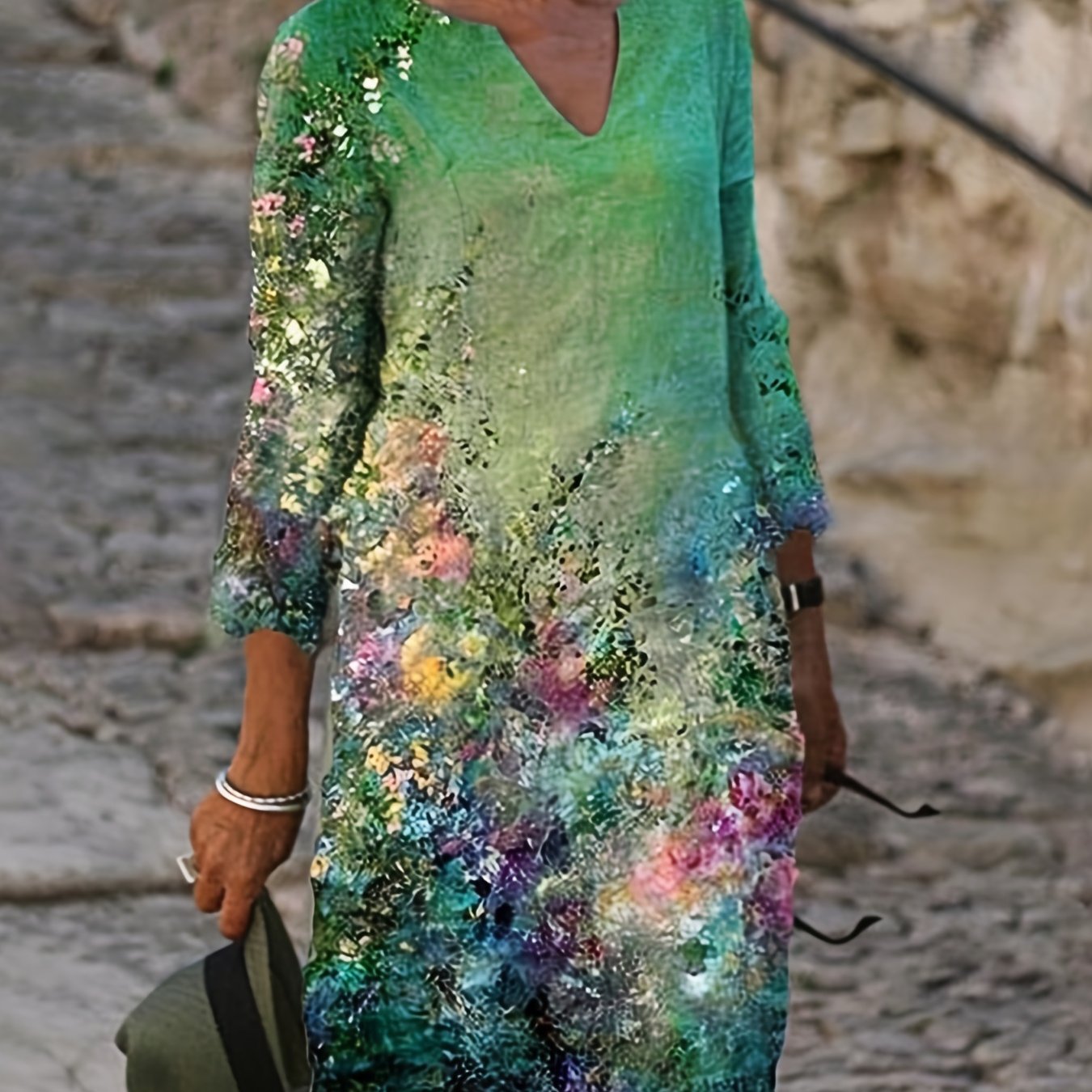 Floral Print Plus Size V Neck Half Sleeve Dress