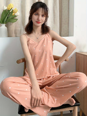 Polka Dot Pajama Set V Neck Cami Top & Elastic Waistband Pants Women's