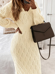 Eyelet Embroidered Sweater Dress V Neck Midi