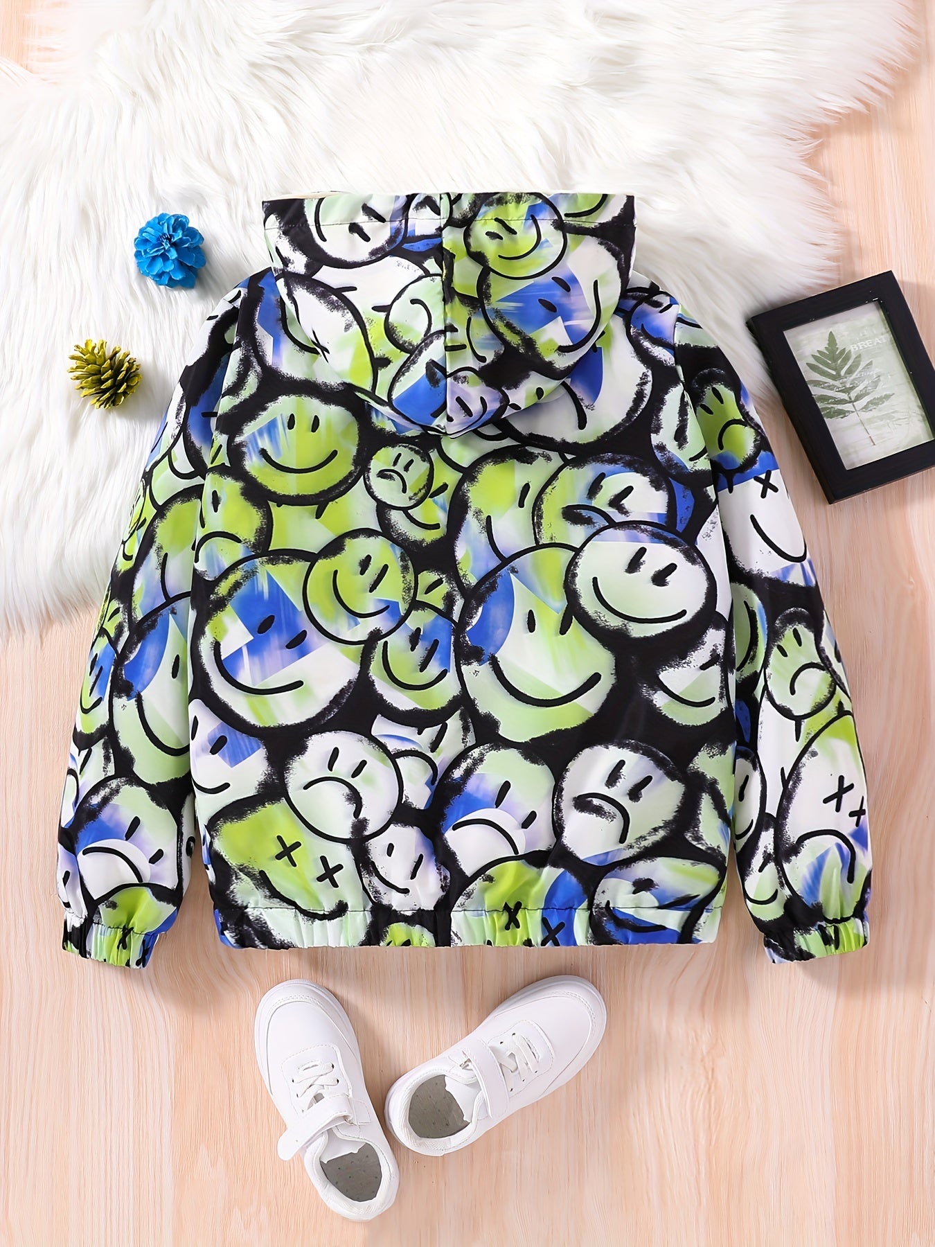 Boy's Happy Face Fleece Jacket Zip Hood Windproof Warm Top