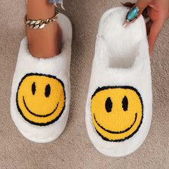 Women's Smile Face Plush Slippers Warm Indoor Closed Toe Flat Fuzzy Shoes